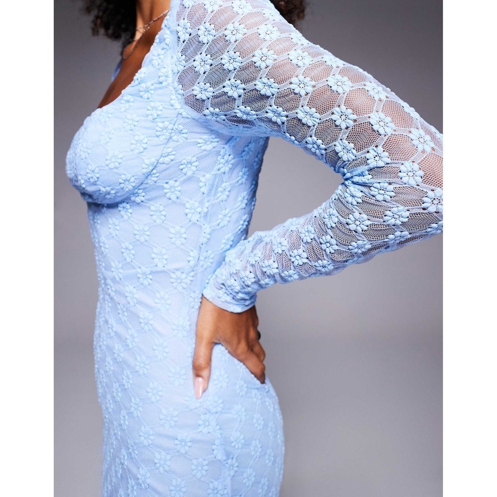 Bardot Light Blue Lace Square Neck Long Sleeve Maxi Dress Cornflower - Picture 4 of 13